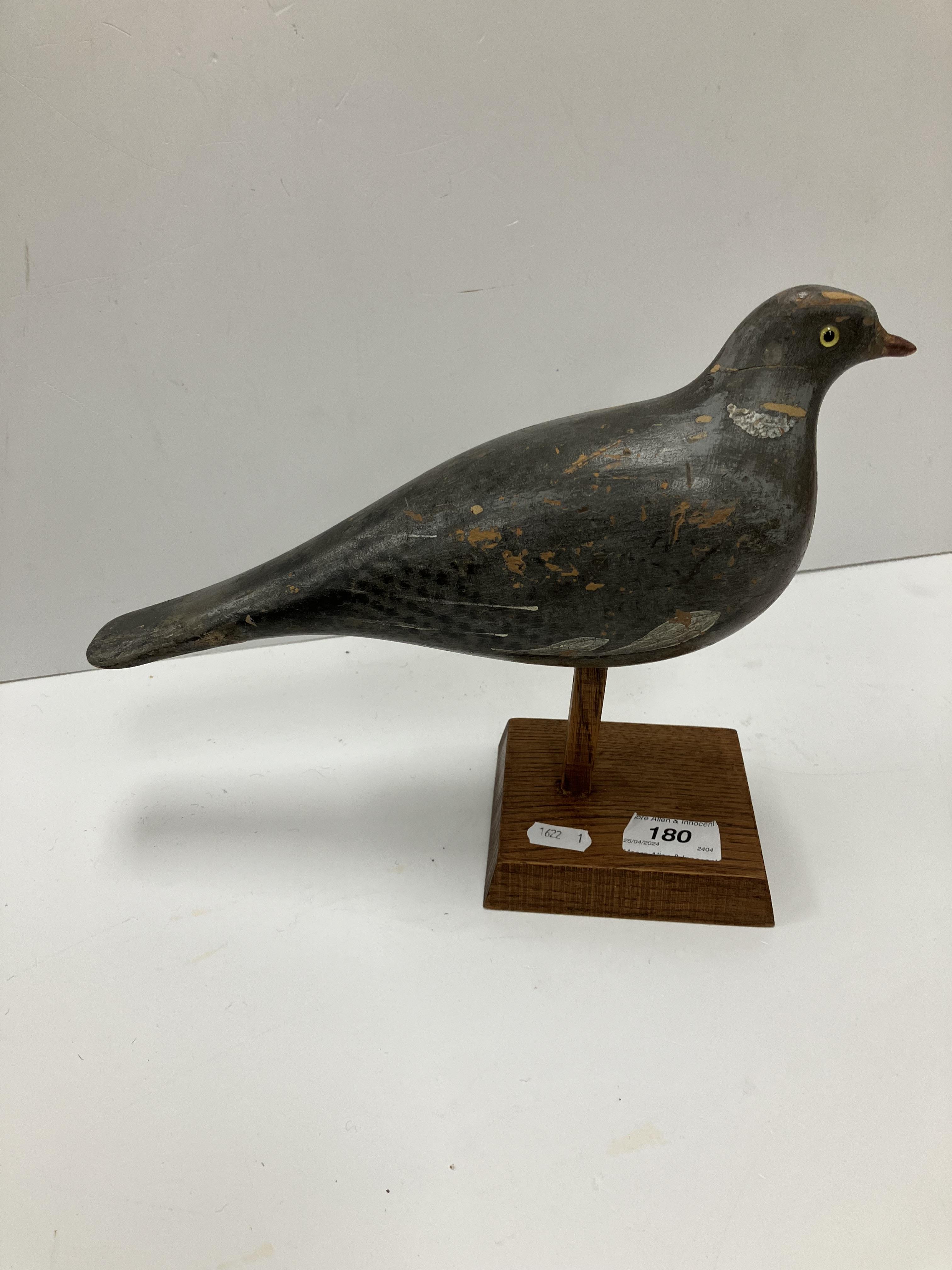 A 19th Century painted treenware pigeon decoy with glass eyes on a later oak pedestal stand 31. - Image 25 of 25