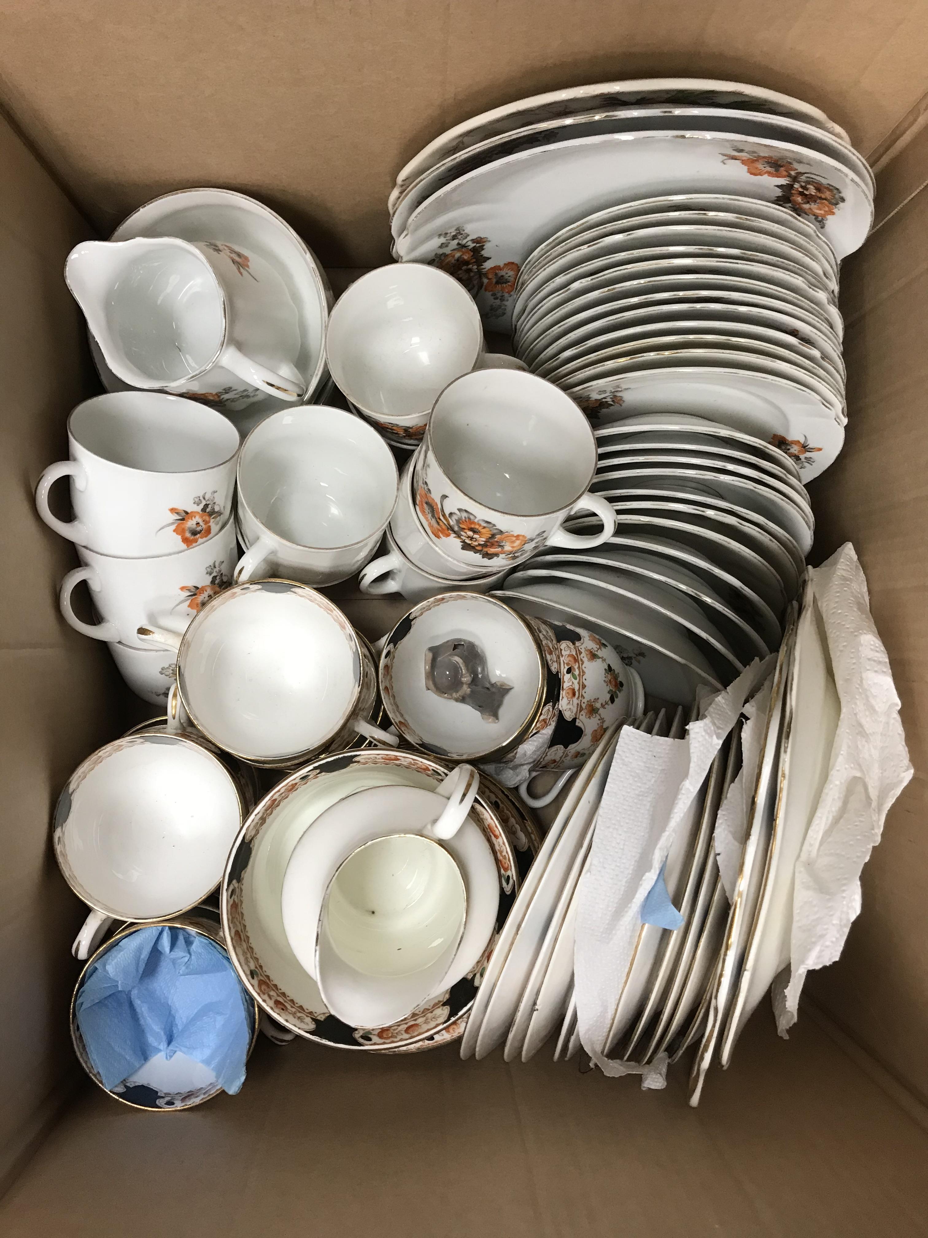 Six boxes of assorted china and metal wares etc to include tea sets, tankards, serving platters, - Image 6 of 7