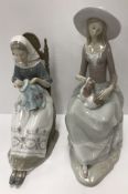 A Lladro figure of a woman embroidering 28 cm high together with a further Lladro figure of a girl