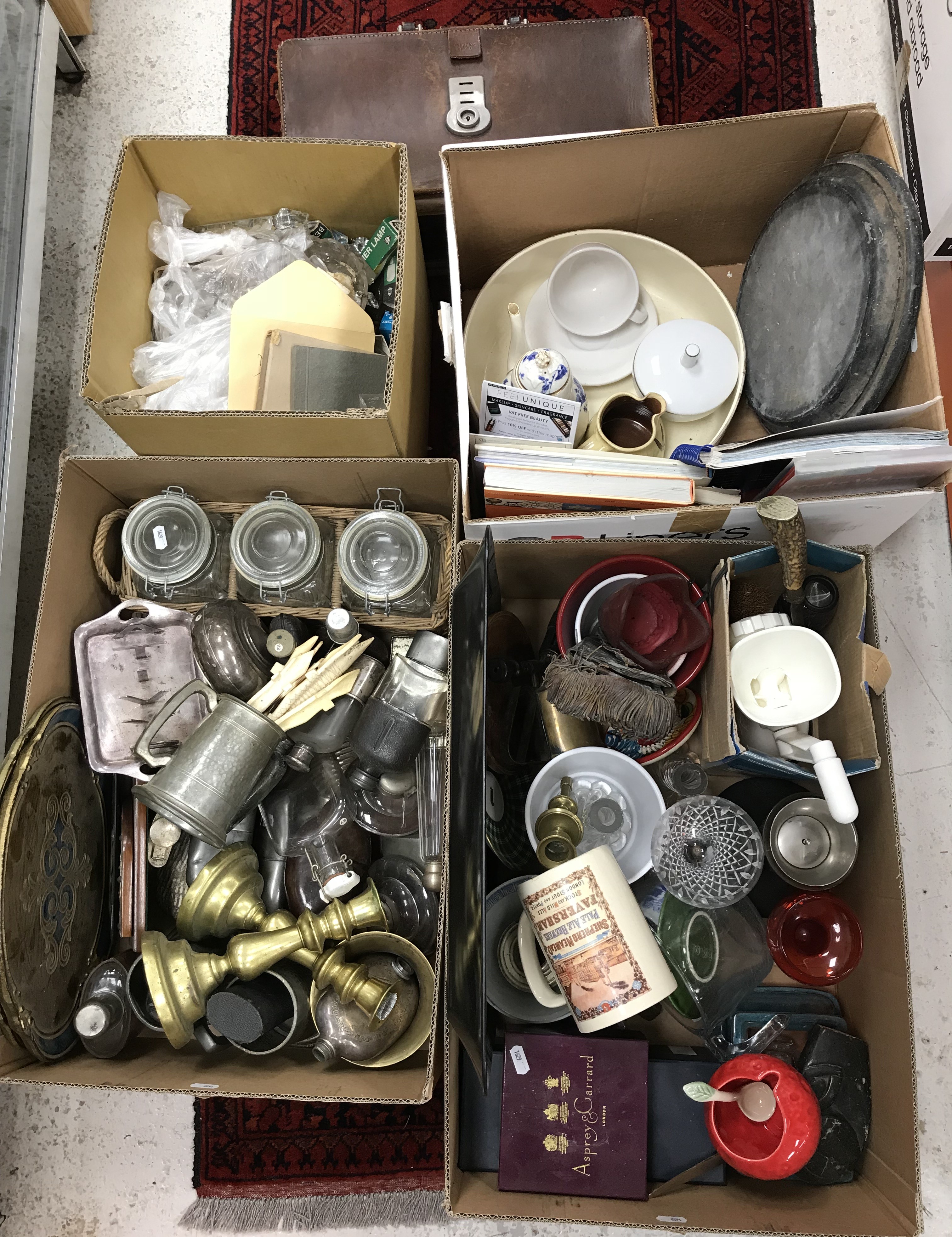Four boxes of assorted sundry items to include various pewter wares, tankards etc,