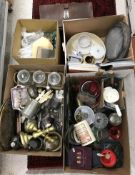Four boxes of assorted sundry items to include various pewter wares, tankards etc,
