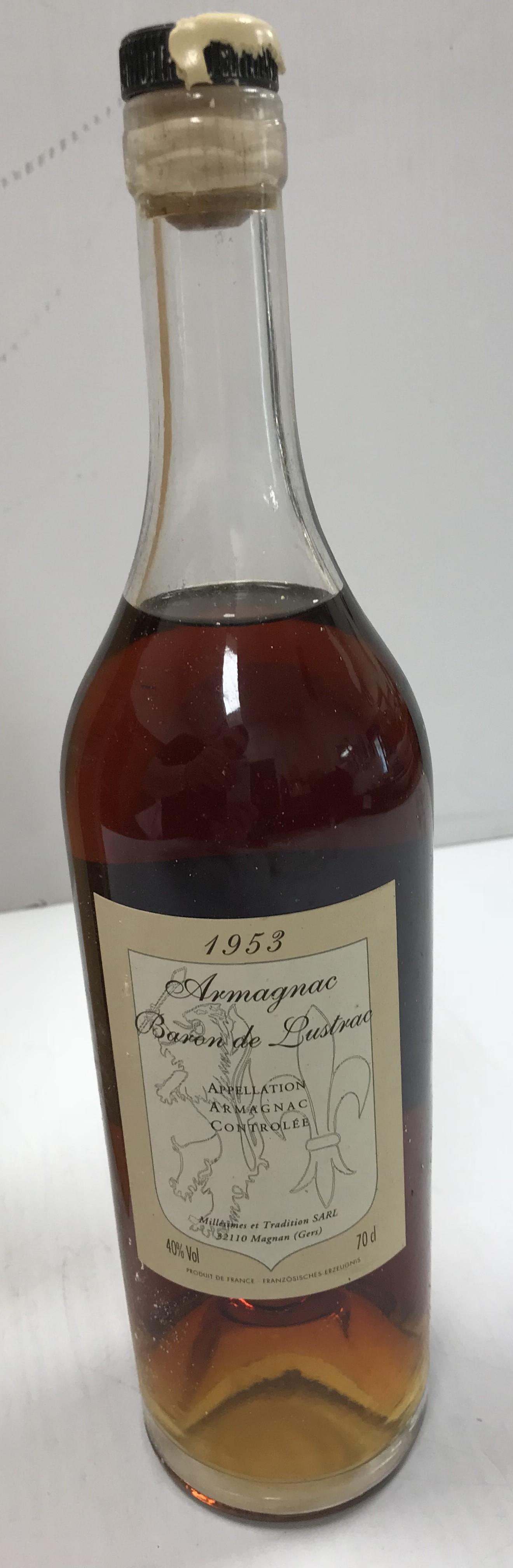 One bottle Armagnac Baron de Lustrac 1953 OWC CONDITION REPORTS Wax seal with damage - Image 2 of 3