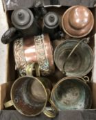 Two boxes of various copper and brass ware including an Arts & Crafts style beaten and studded