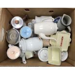 A box containing assorted Poole and other tea pots,