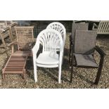 A slatted teak steamer chair, four white painted plastic chair and,