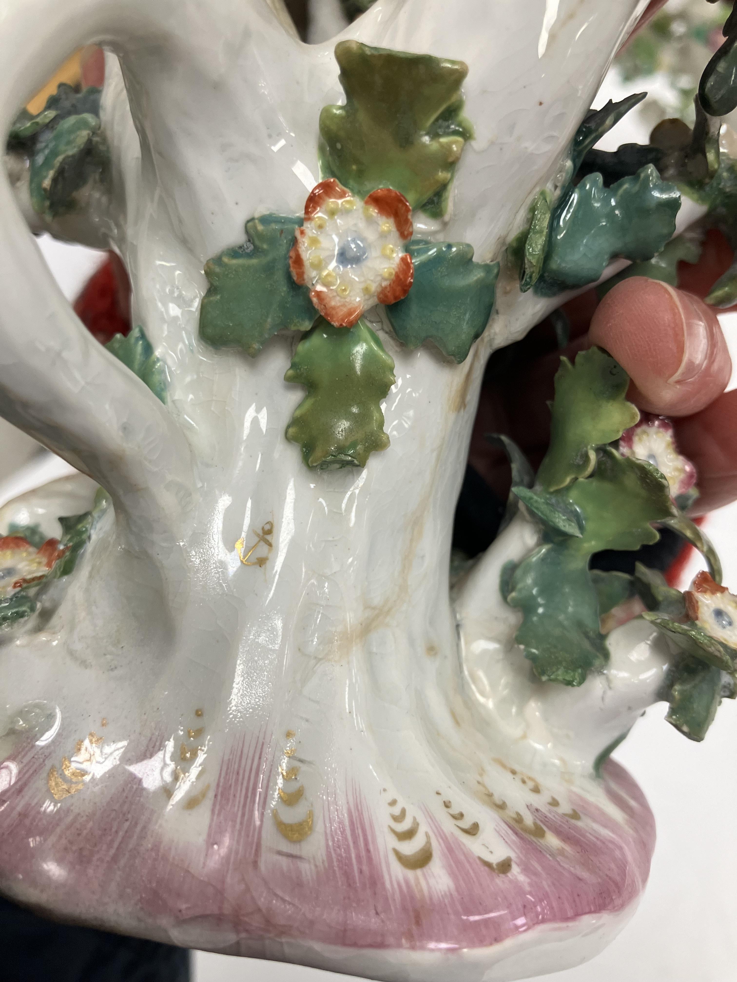 A pair of circa 1765-1770 Bow porcelain candlesticks as birds amongst flower set branches with - Image 39 of 98