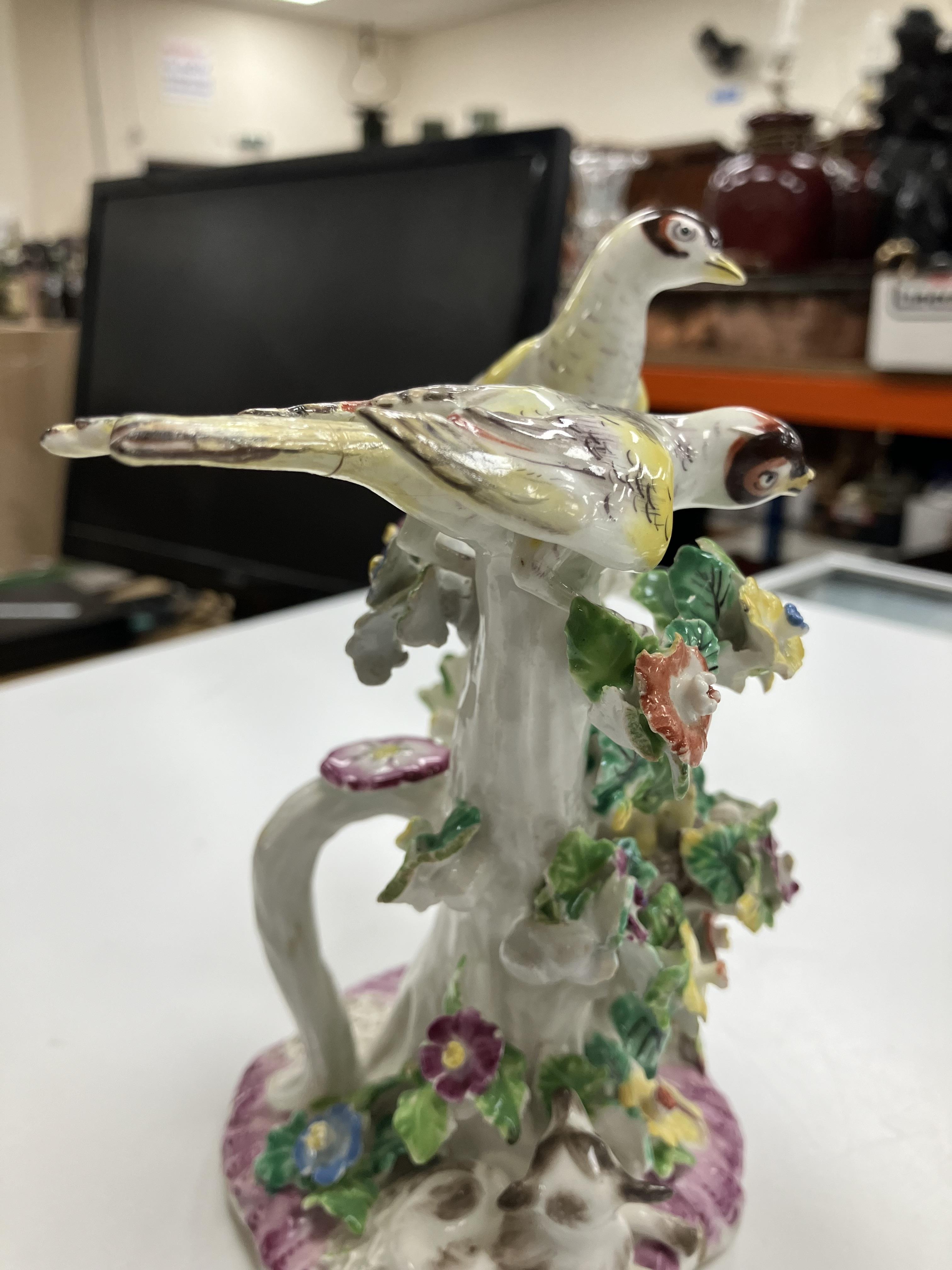 A pair of circa 1765-1770 Bow porcelain candlesticks as birds amongst flower set branches with - Image 83 of 98