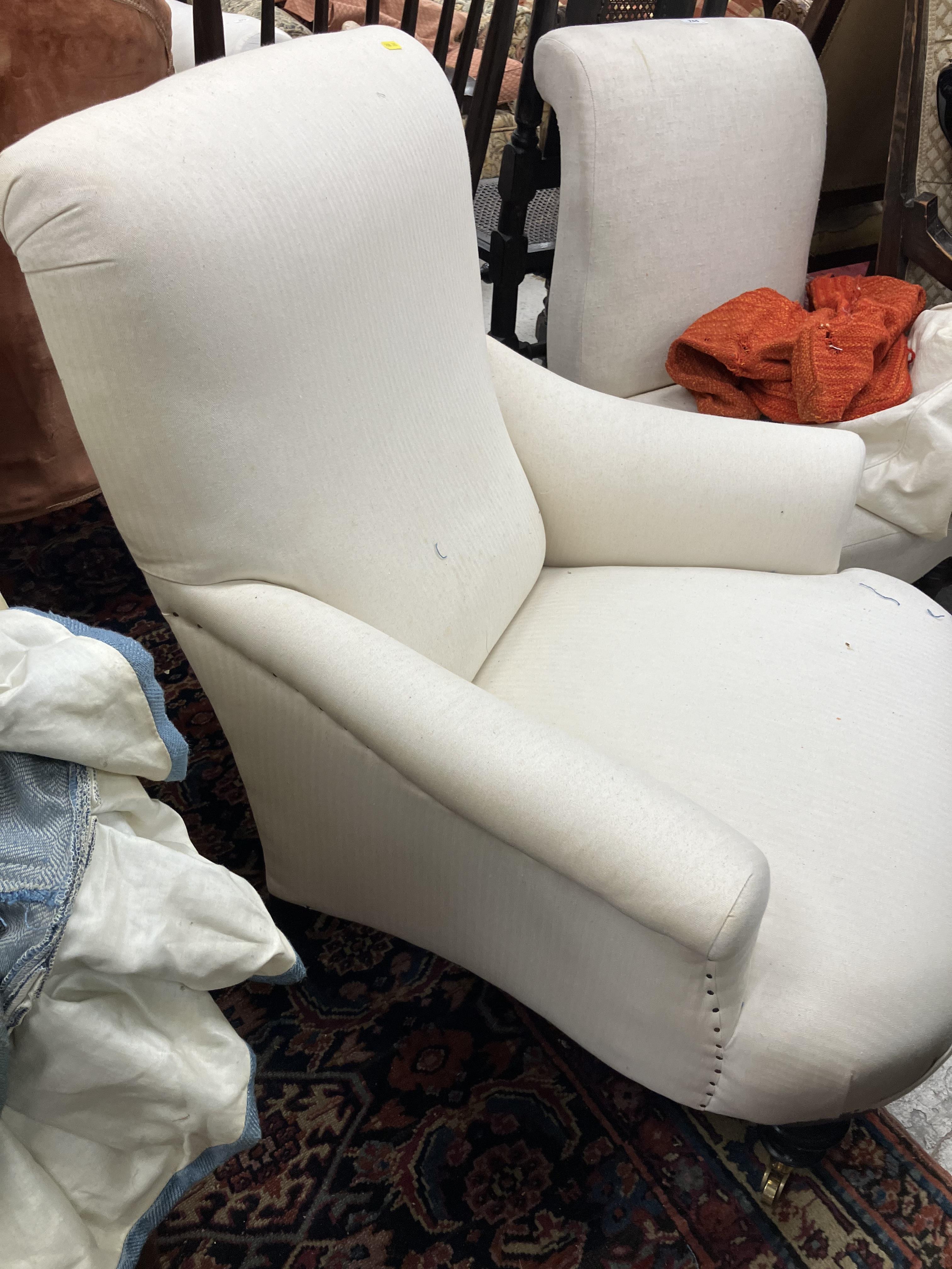 A Victorian upholstered scroll arm chair on ebonised turned front legs to later brass castors, - Image 36 of 52