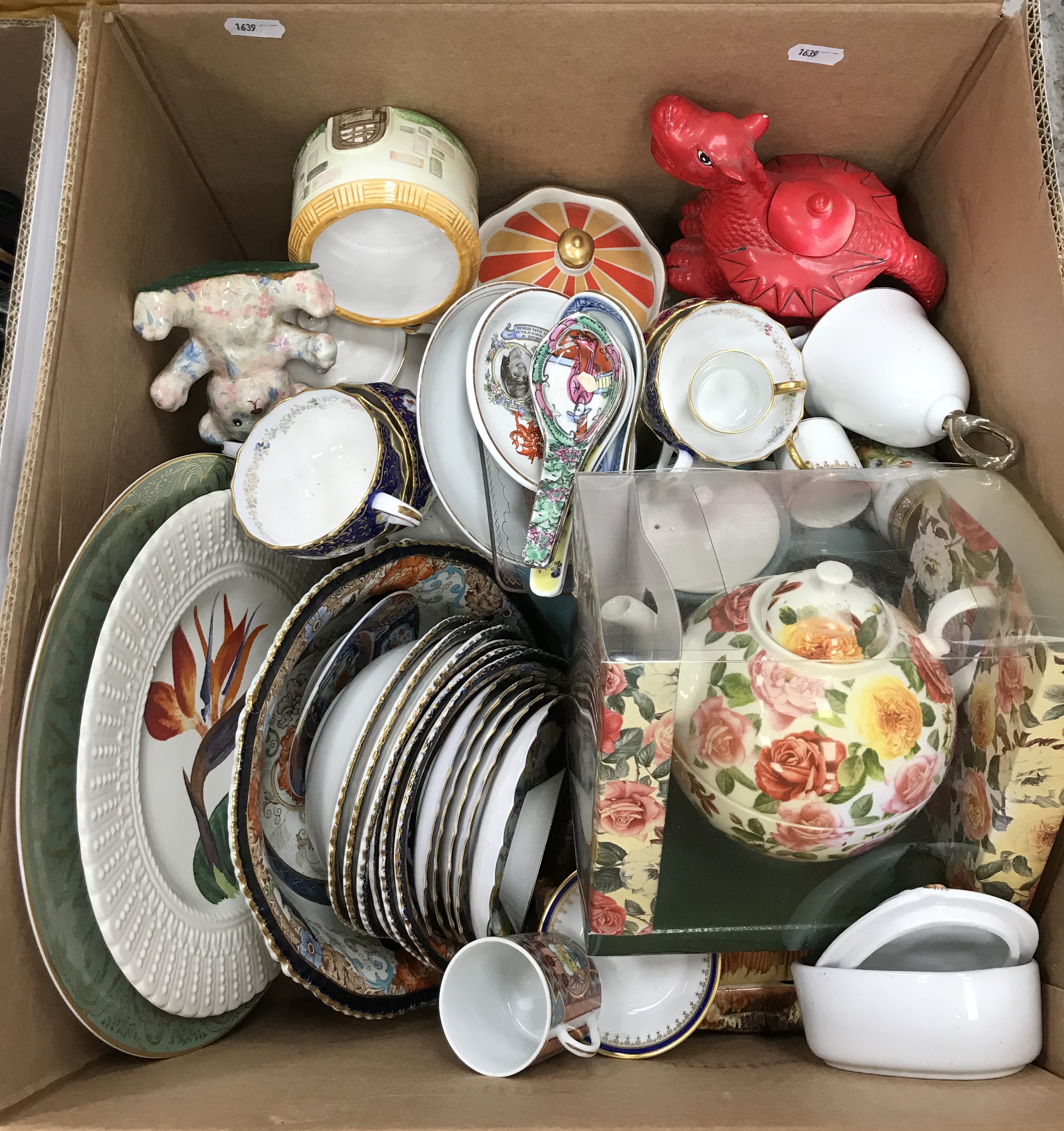 Five boxes of assorted sundry items to include various decorative china and glassware, dolls, - Image 6 of 6