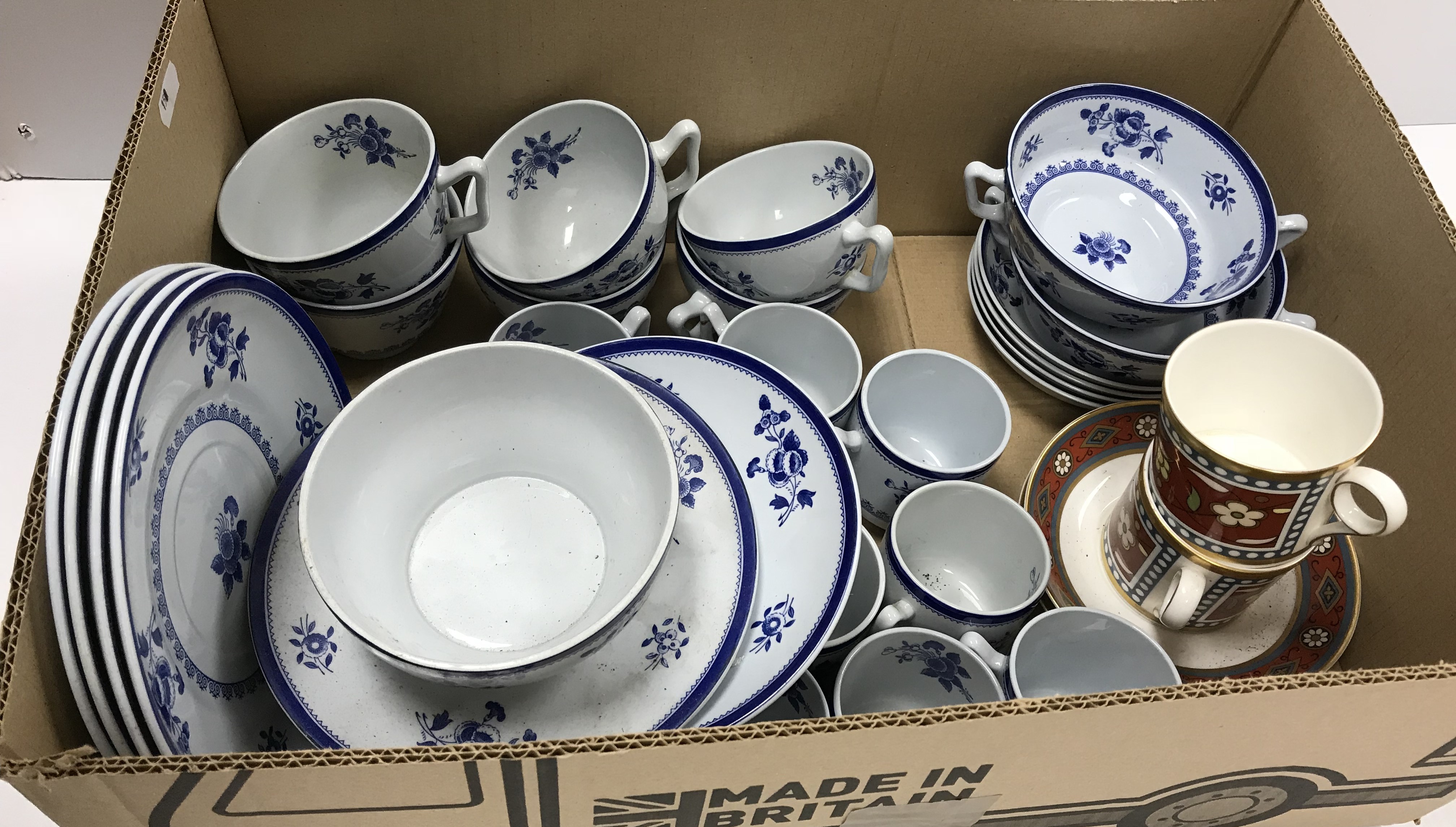 A box containing a collection of Copeland Spode "Spode's Gloucester" blue and white tea/coffee