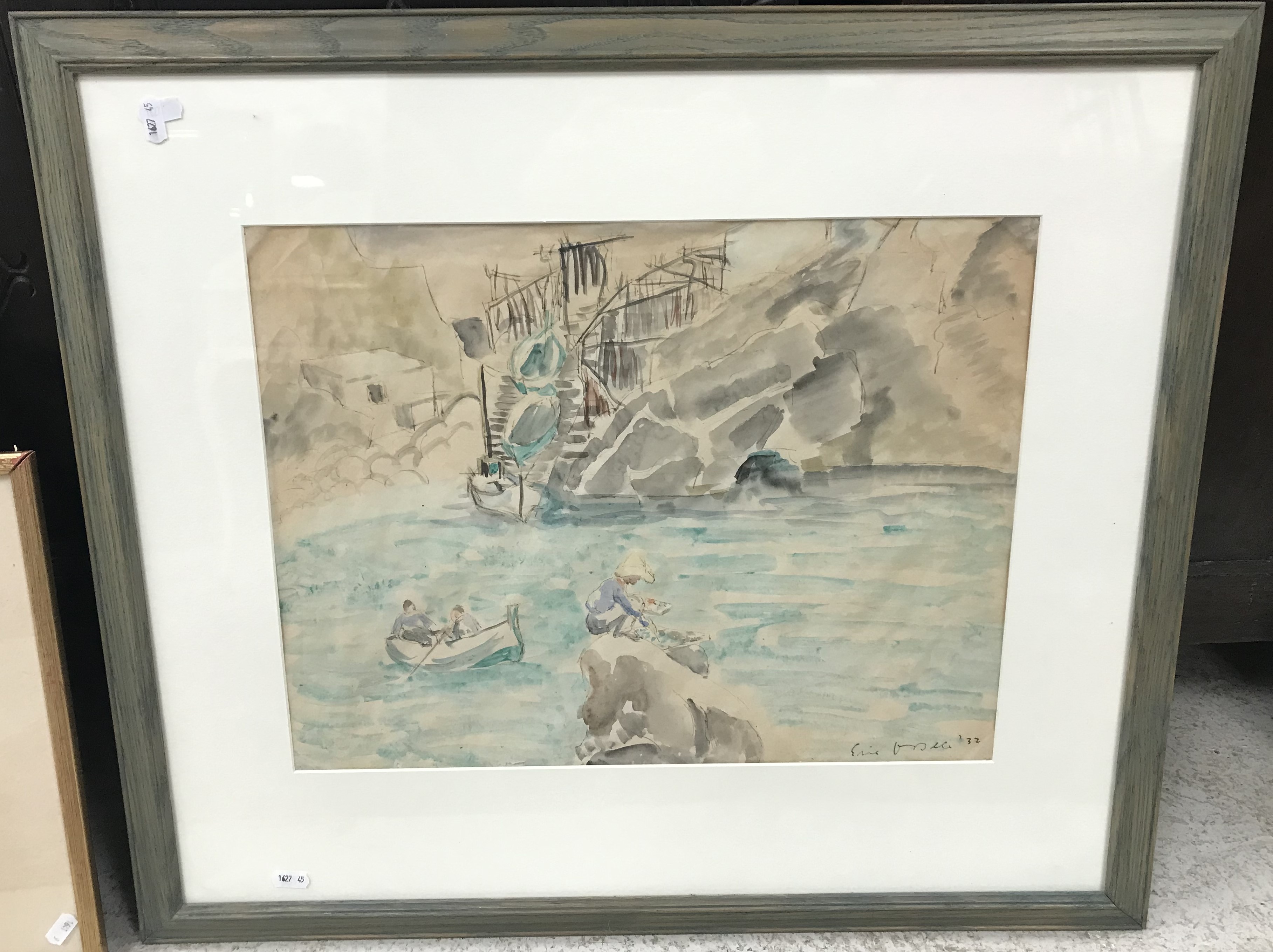 ERIC ORSEA(?) "Coastal landscape with figure painting in foreground on rock, - Image 2 of 3