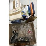 Two boxes of assorted decorative china and glassware to include a Shelley comport,