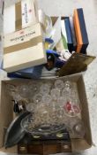 Two boxes of assorted decorative china and glassware to include a Shelley comport,