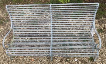 A pair of wrought iron slatted metal benches 174 cm wide (ex Burford Garden Centre)