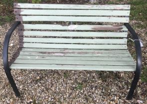 Two wooden garden benches, one painted green 122 cm wide ,