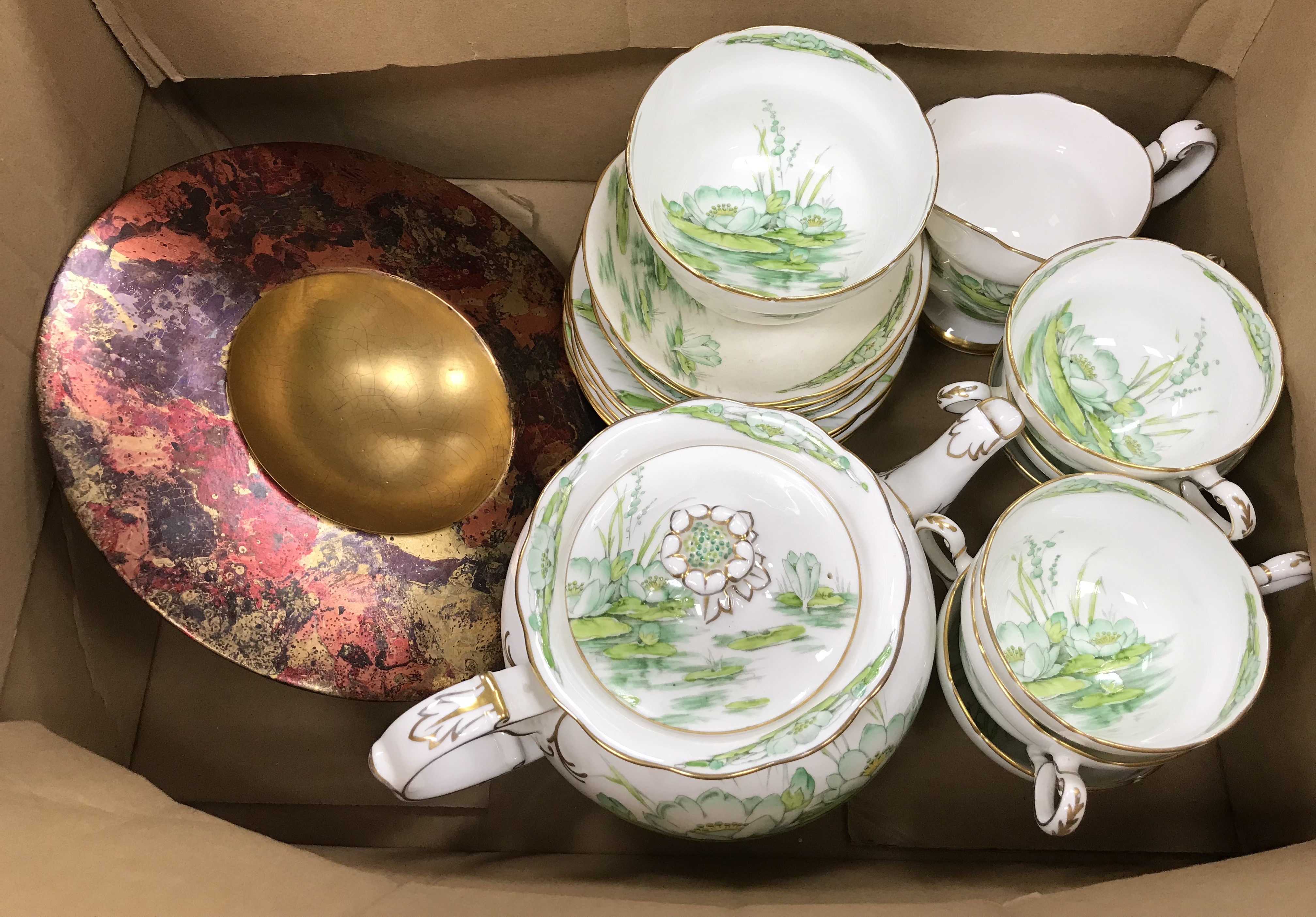 A Royal Paragon part tea set with green water lily decoration together with a Carrol Swan bowl and - Image 3 of 43