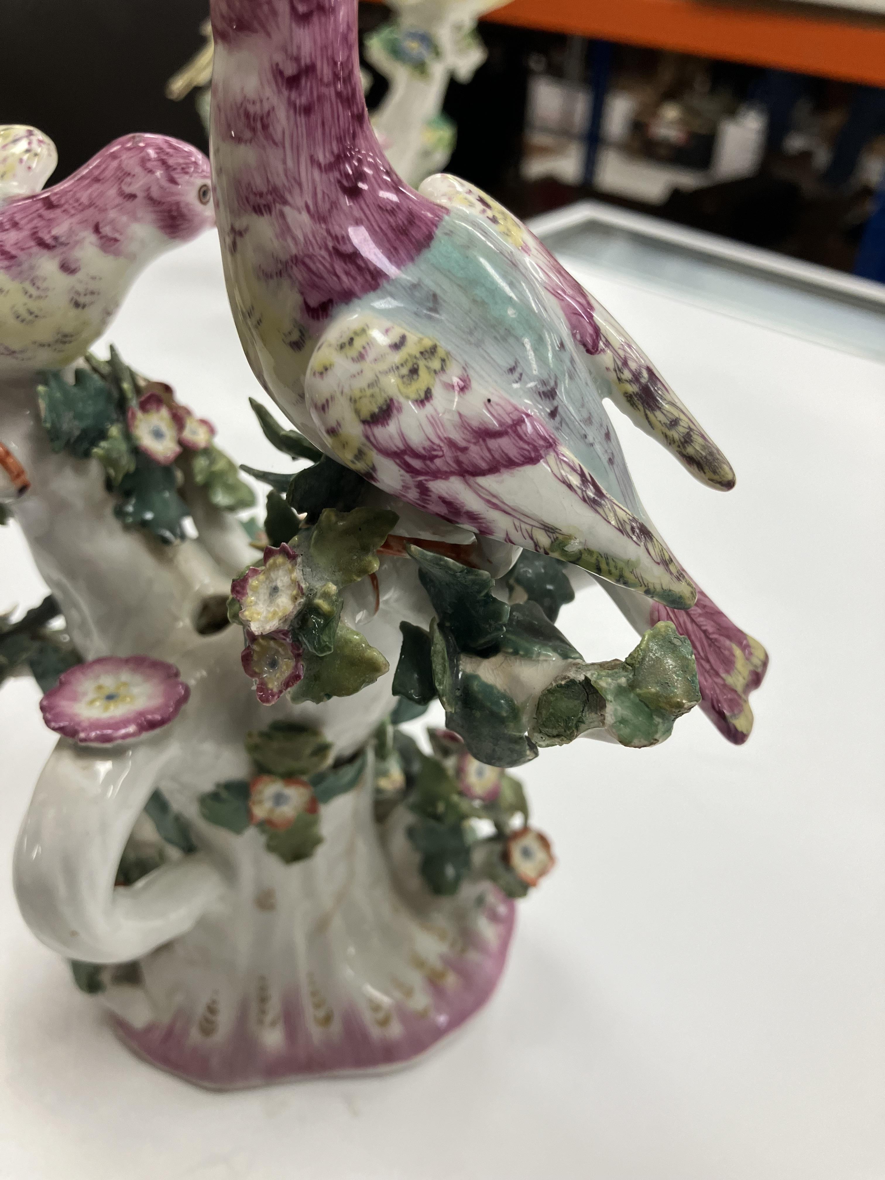 A pair of circa 1765-1770 Bow porcelain candlesticks as birds amongst flower set branches with - Image 56 of 98