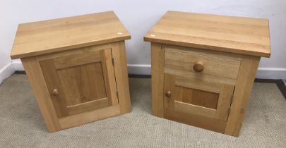 A pair of modern oak bedside cupboards, one with single door,
