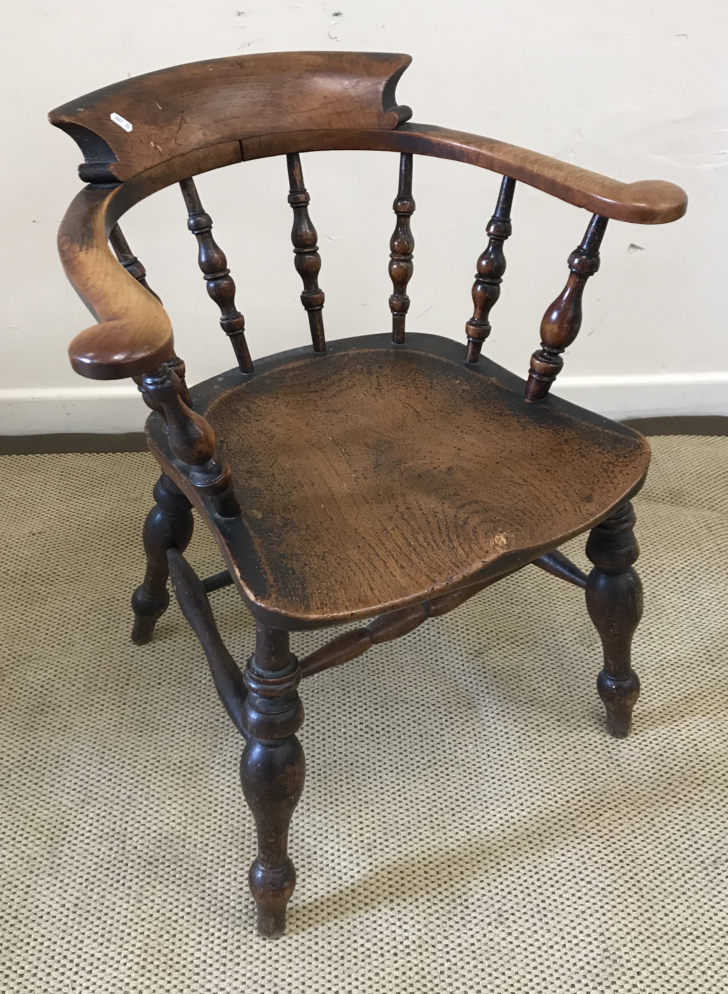 A Victorian Thames Valley beech and elm smoker's bow chair,