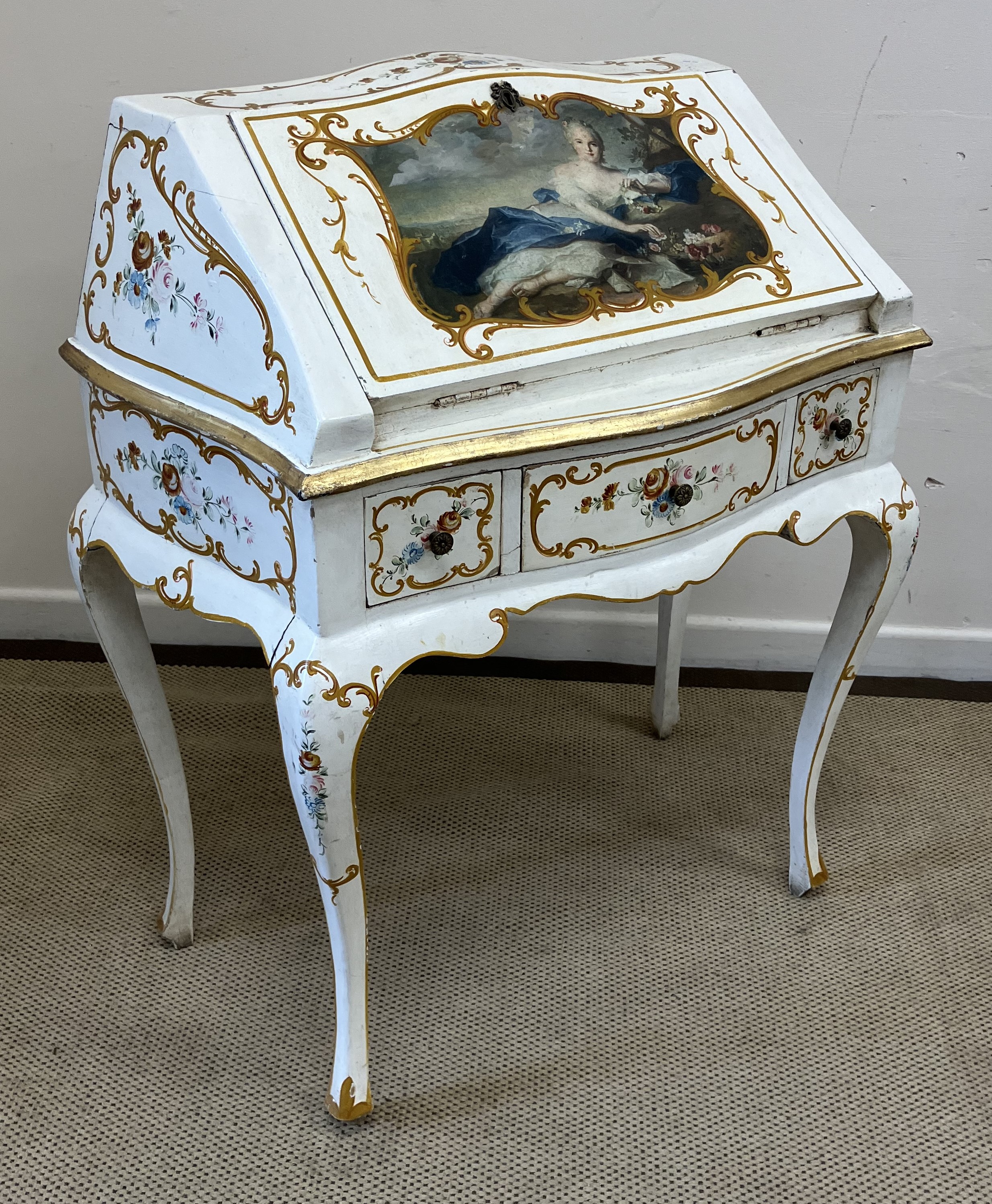 A 20th Century painted bureau de dame in the 18th Century style,