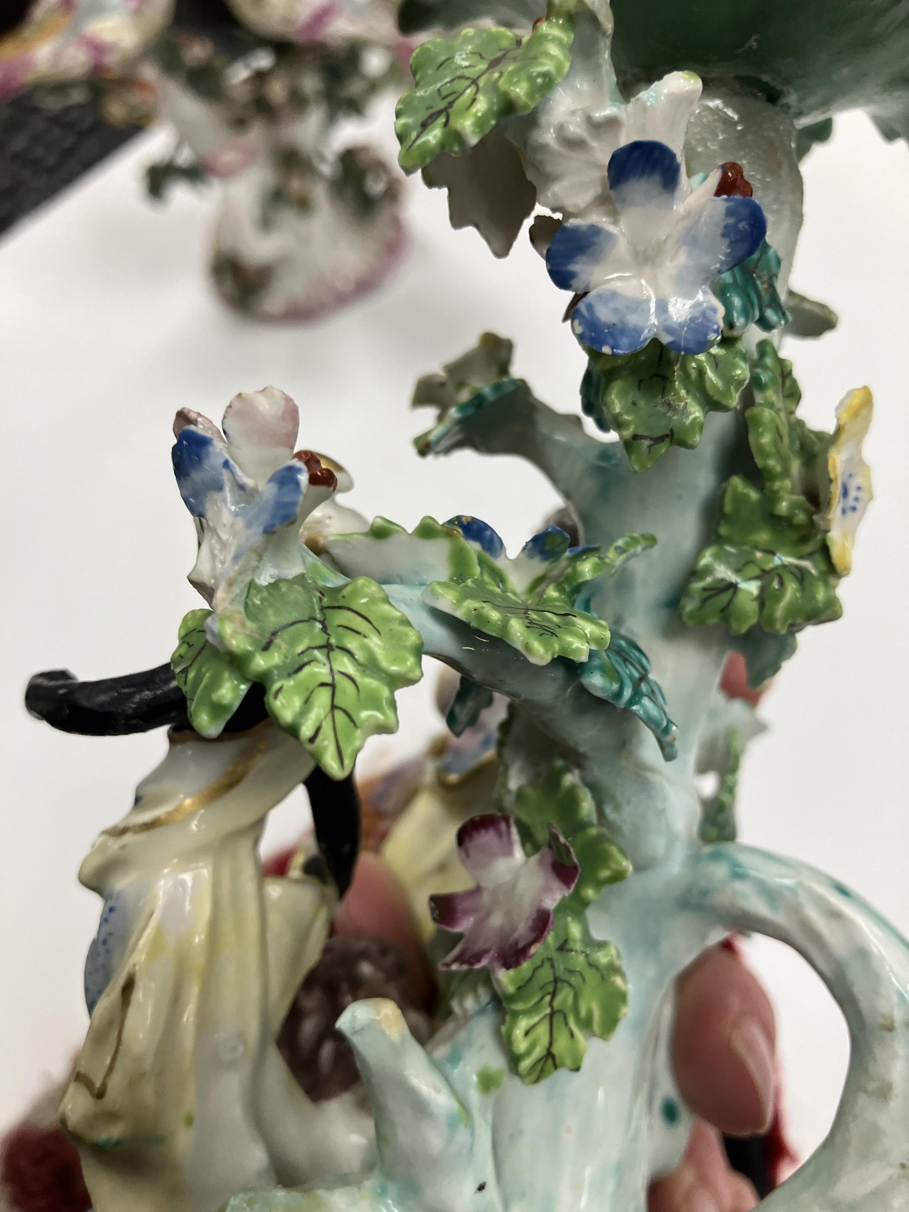 A pair of circa 1765-1770 Bow porcelain candlesticks as birds amongst flower set branches with - Image 19 of 98