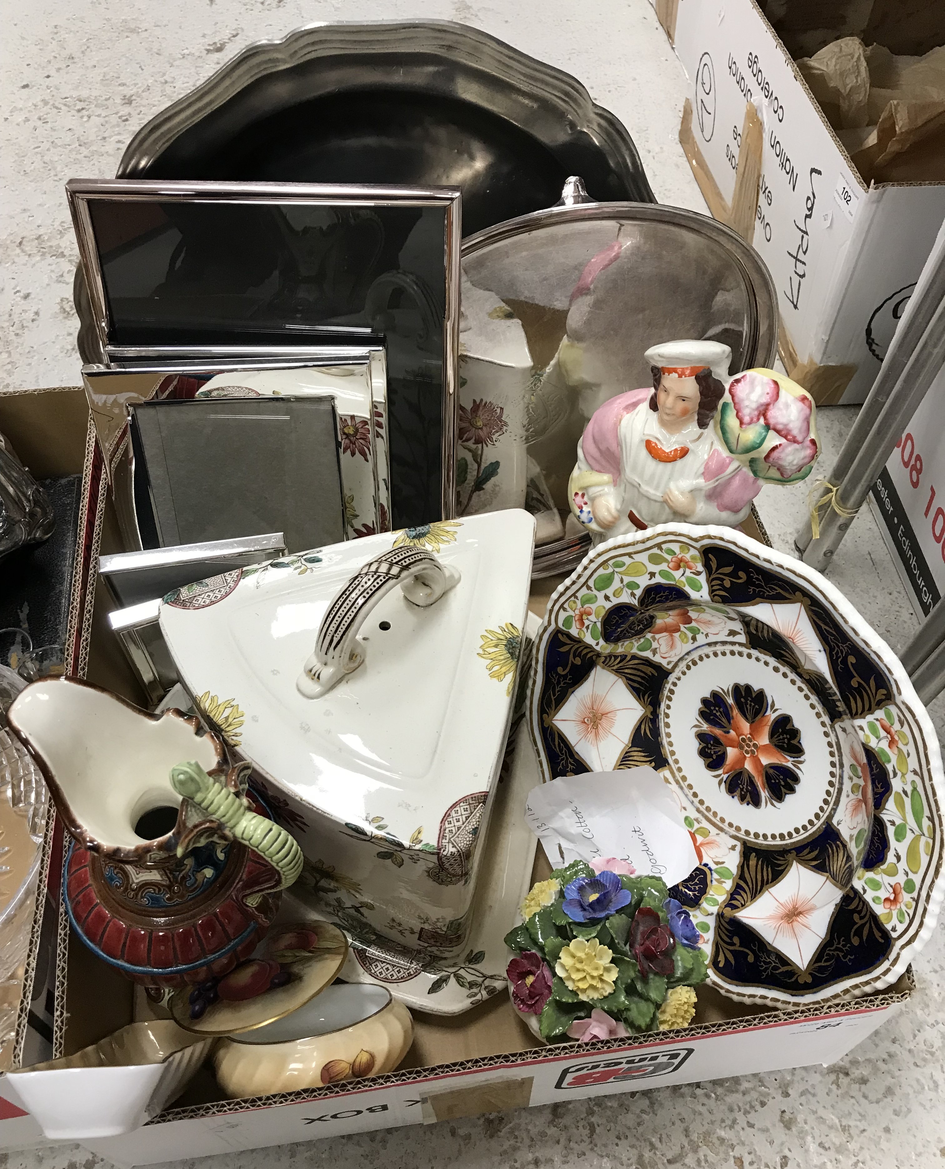 Two boxes of assorted decorative china, glass and metal wares to include fruit bowl, - Image 3 of 3
