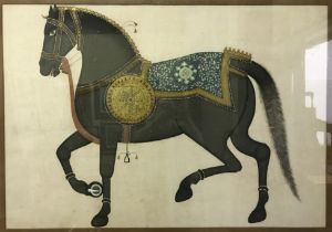 INDIAN SCHOOL "Study of horse with decorative saddle and reins", gouache on cotton,