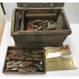 A vintage pine trunk / tool chest and contents of various old hand tools and two brass letter box