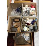 Five boxes of assorted sundry items to include various decorative china and glassware, dolls,