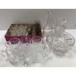 A collection of various glassware including twelve Wedgwood pineapple cut glass liqueur glasses,