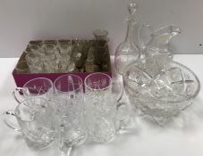 A collection of various glassware including twelve Wedgwood pineapple cut glass liqueur glasses,