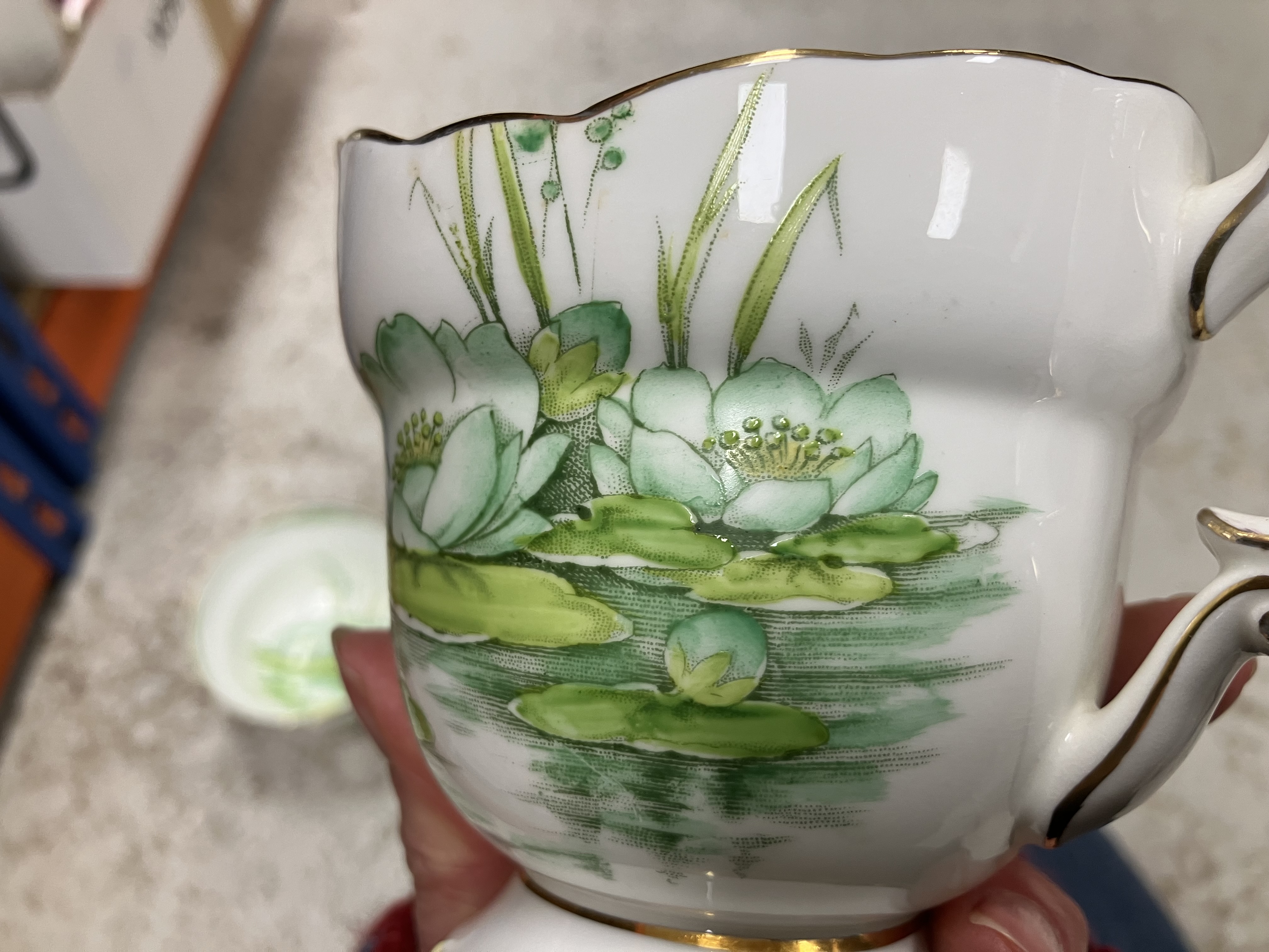A Royal Paragon part tea set with green water lily decoration together with a Carrol Swan bowl and - Image 27 of 43