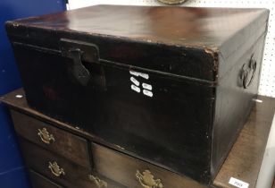 A Chinese lacquered trunk with brass carrying handles 70 cm x 45 cm x 32 cm high