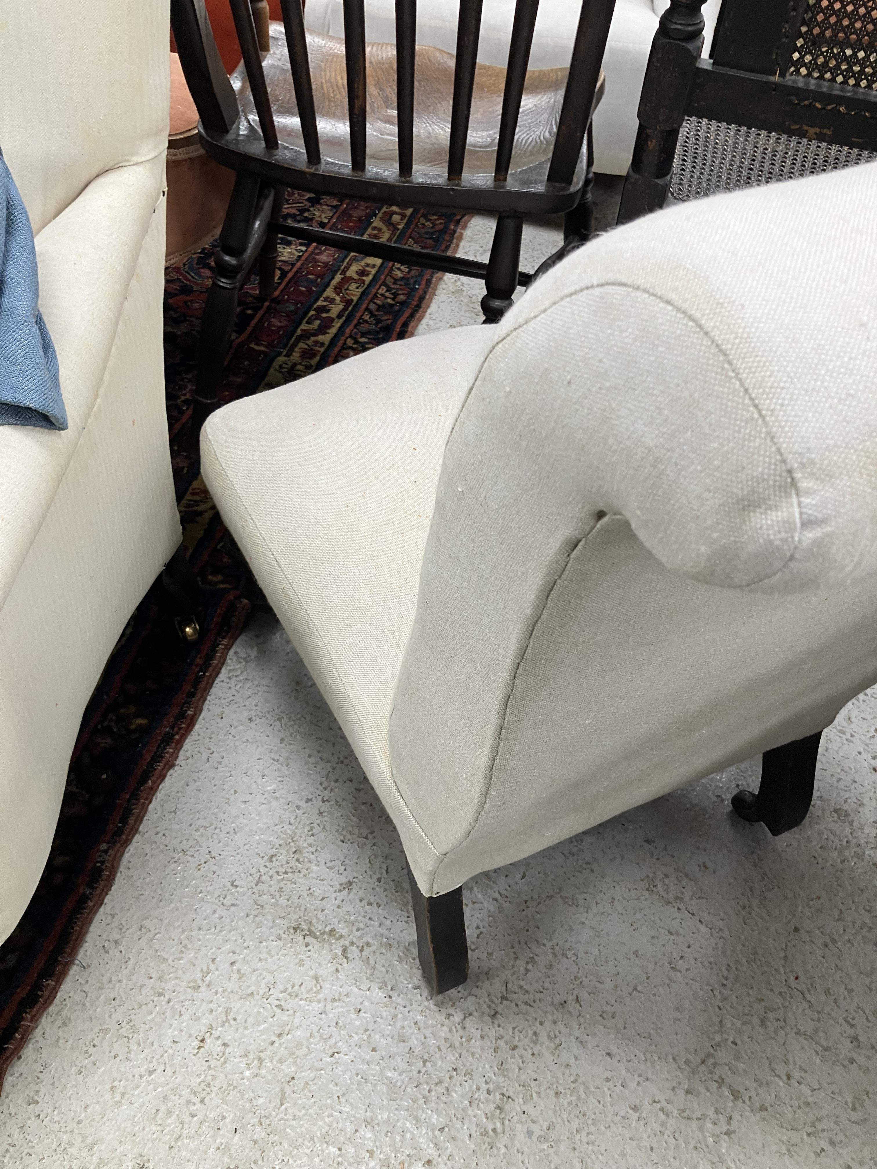 A Victorian upholstered scroll arm chair on ebonised turned front legs to later brass castors, - Image 4 of 52