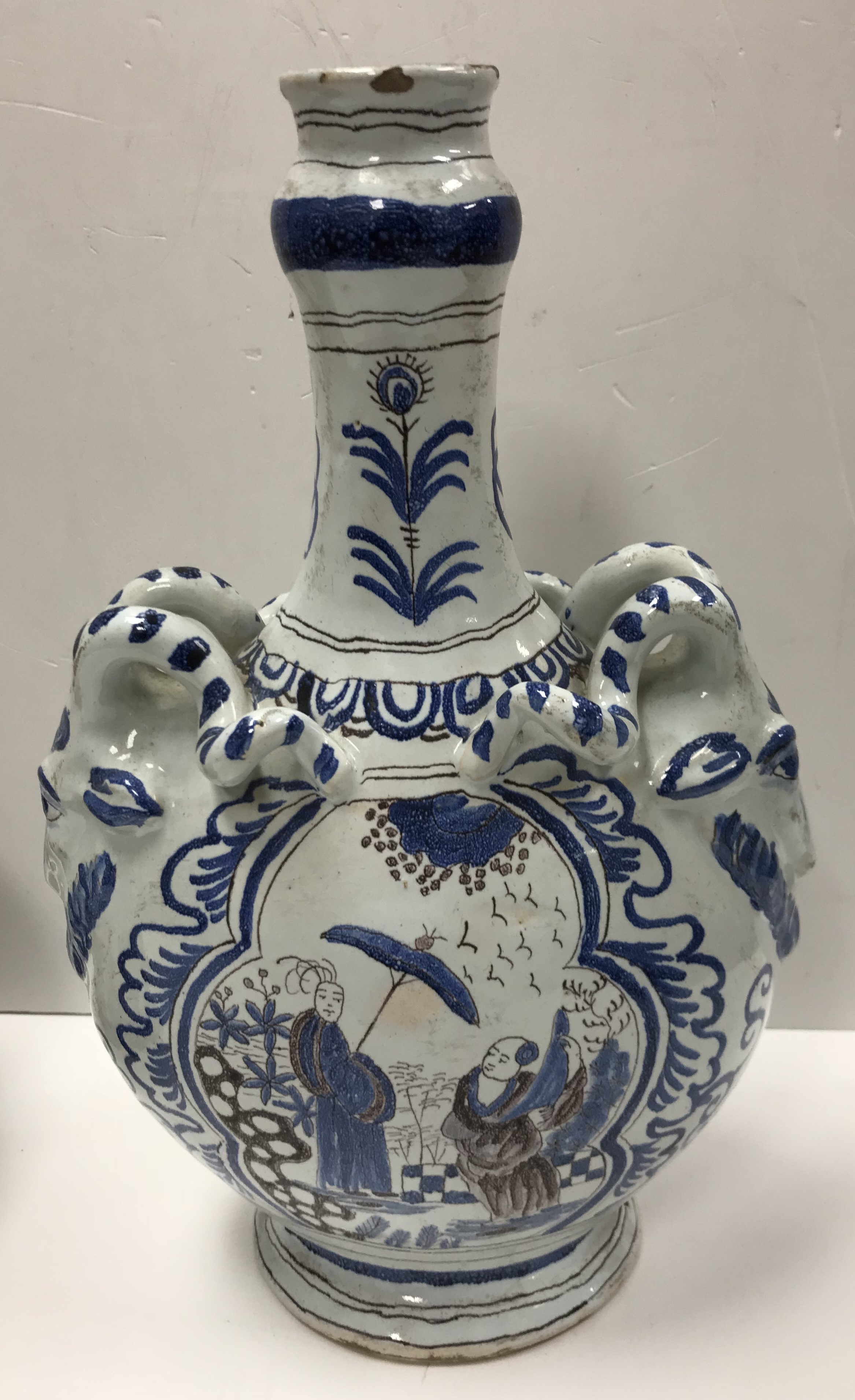 A 19th Century Dutch Delft faience ware vase in the chinoiserie taste with goats head handles and - Image 2 of 3