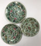 Three Chinese celadon glazed famille rose plates,