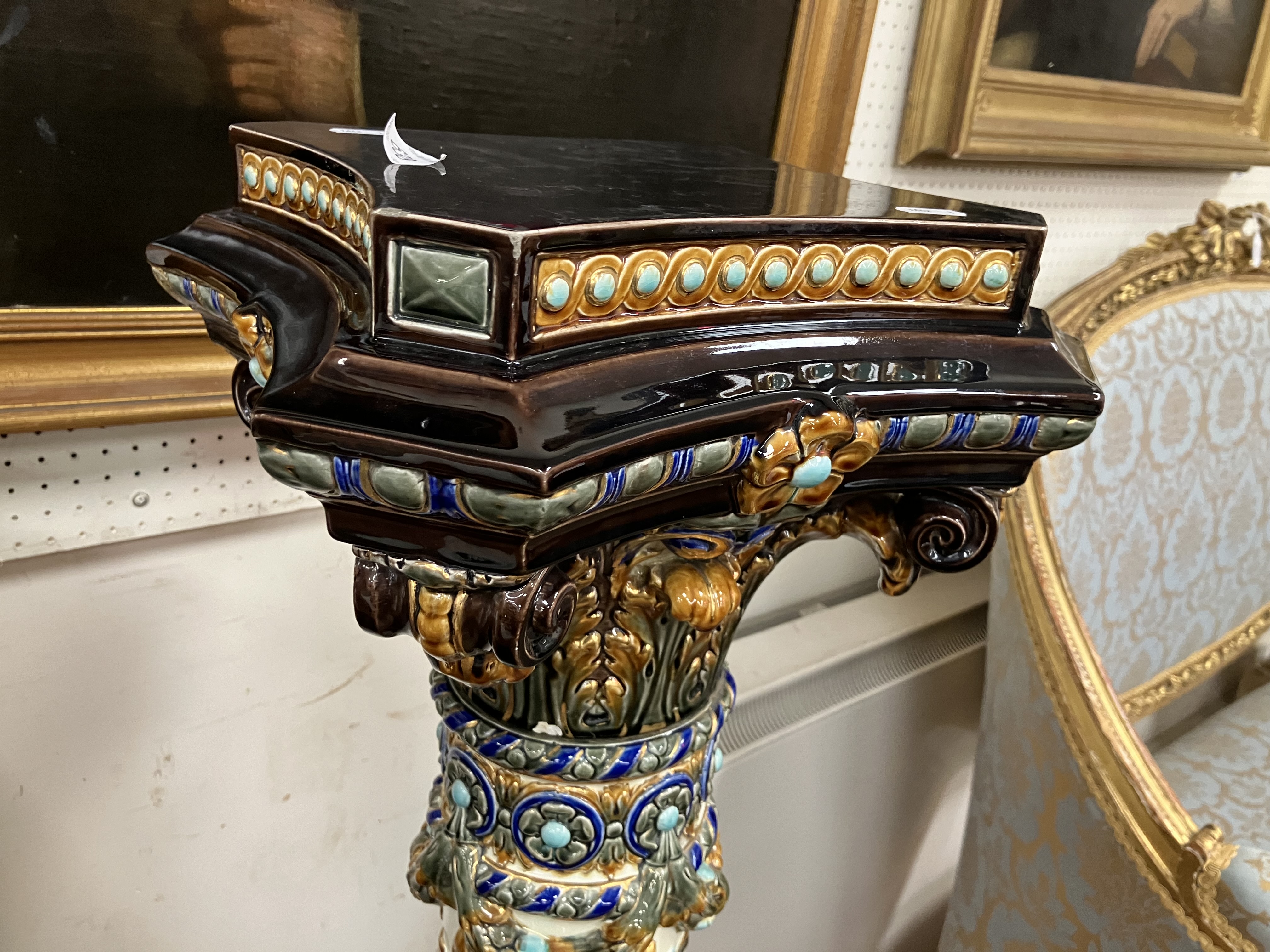 A circa 1900 Swedish majolica urn stand by Rörstand with all over relief work decoration on a - Image 14 of 44