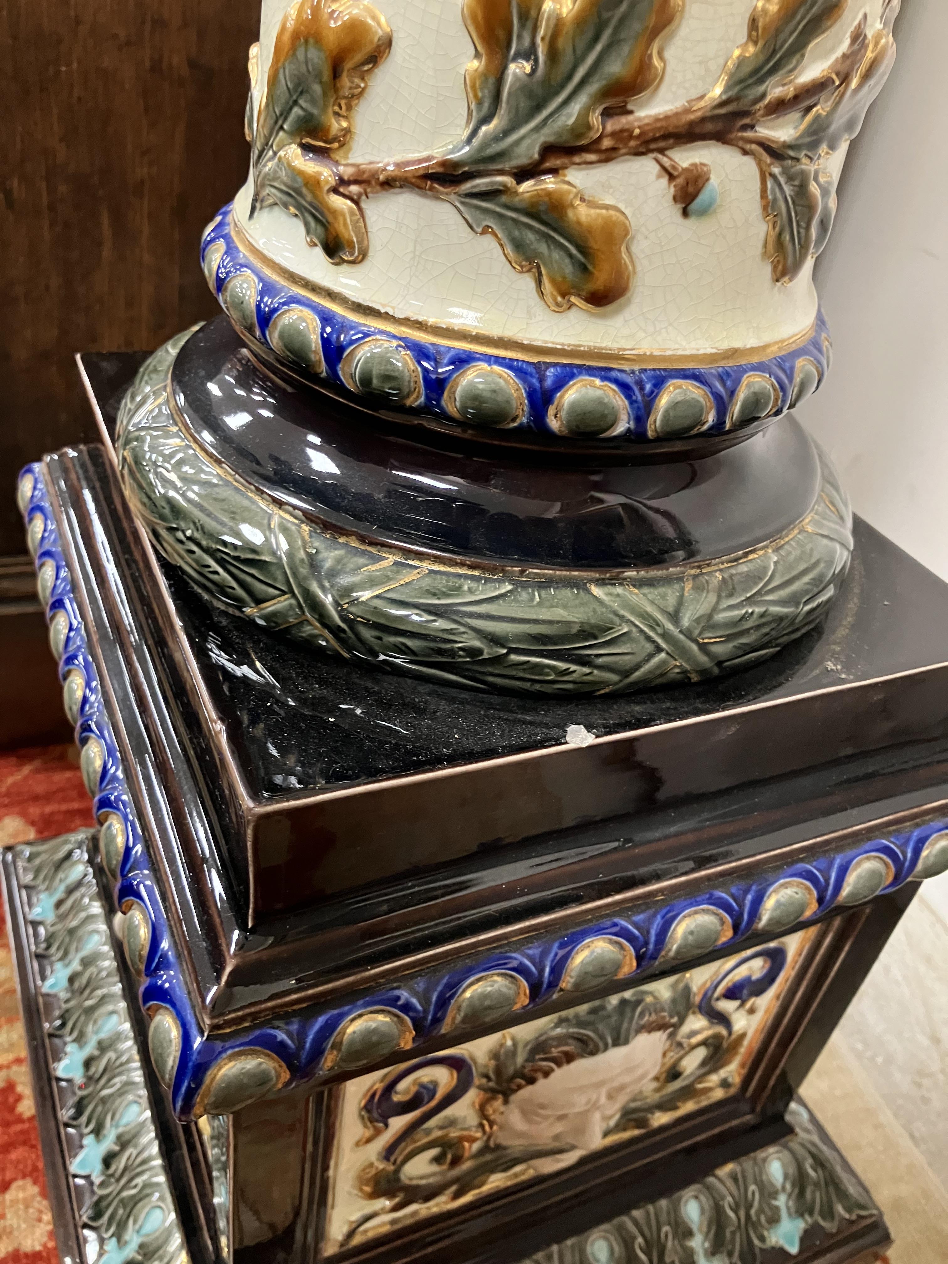 A circa 1900 Swedish majolica urn stand by Rörstand with all over relief work decoration on a - Image 5 of 44