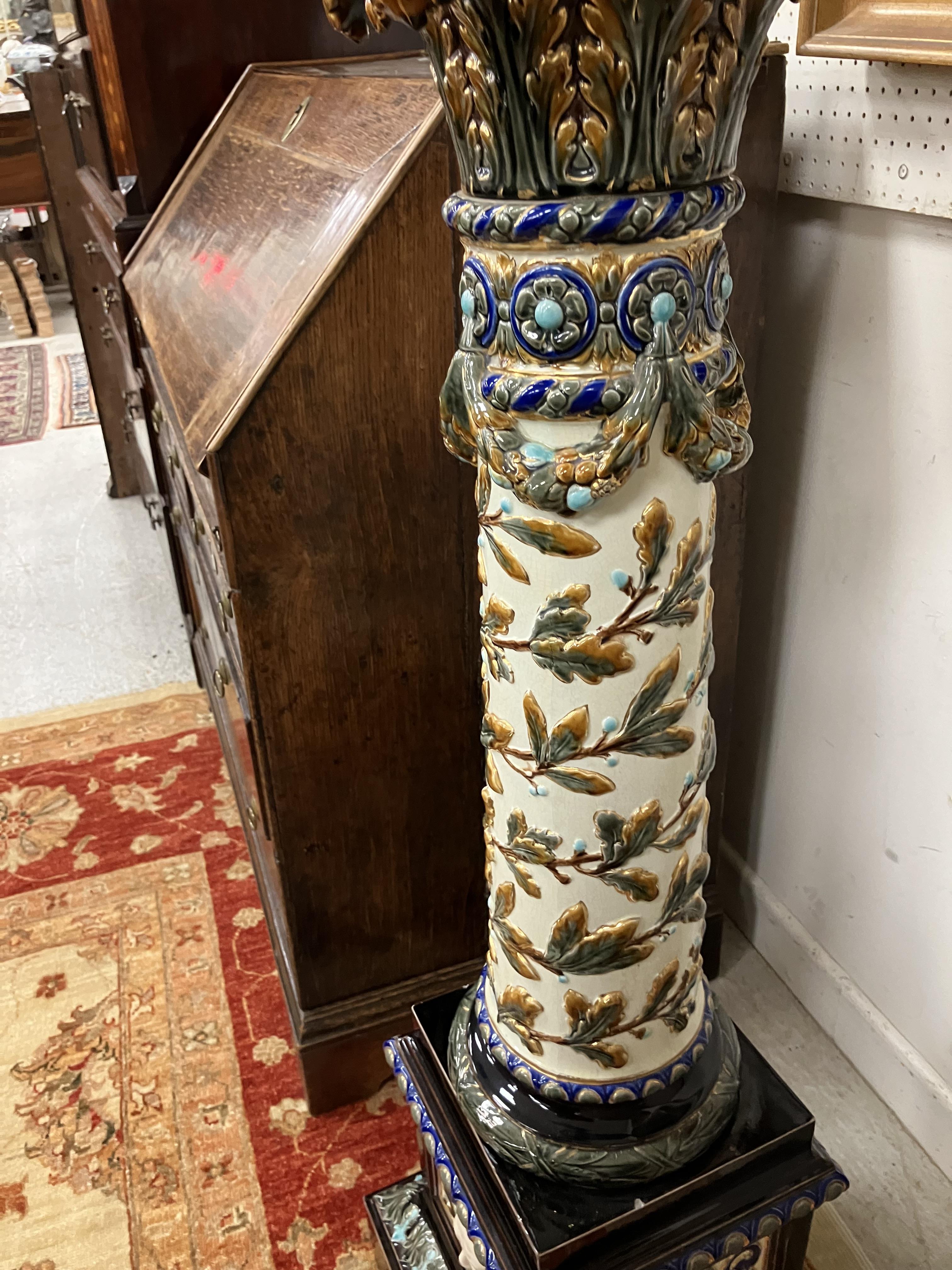 A circa 1900 Swedish majolica urn stand by Rörstand with all over relief work decoration on a - Image 4 of 44