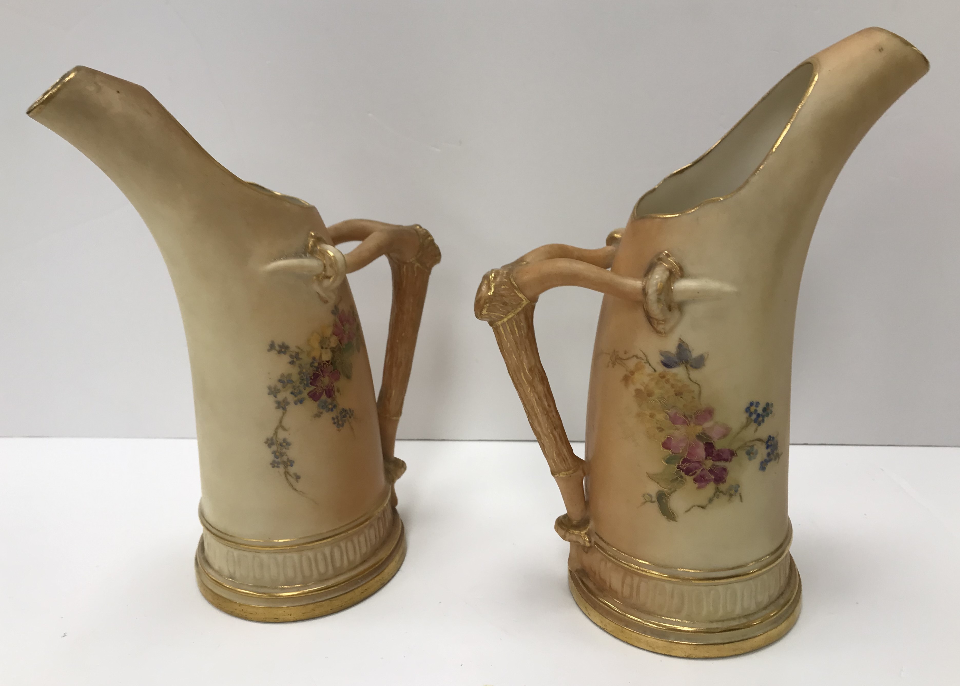 A pair of Royal Worcester blush ware tusk jugs, each decorated with floral sprays, - Image 2 of 3