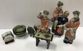 A collection of Chinese porcelain and other artefacts to include a Wucai pottery polychrome glazed