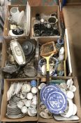 Six boxes of assorted china and metal wares etc to include tea sets, tankards, serving platters,