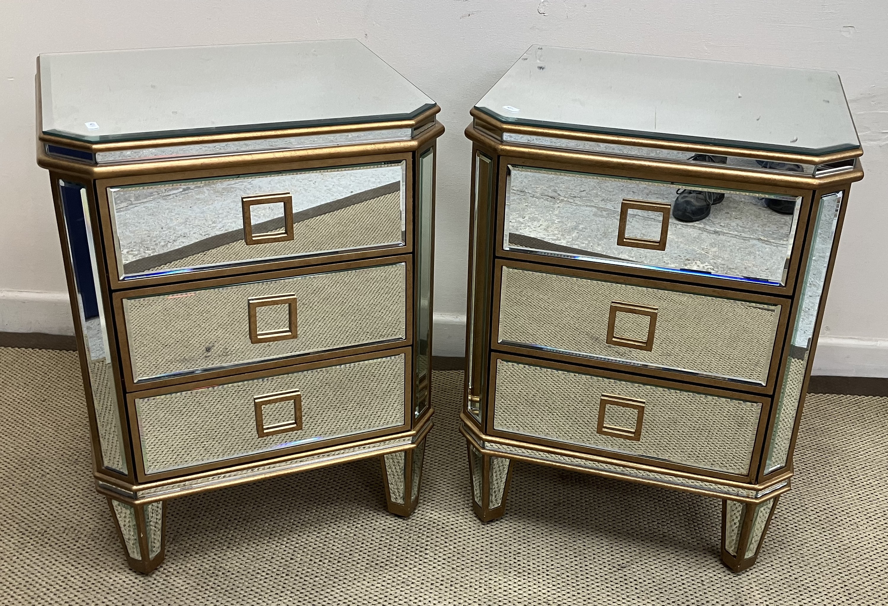 A modern mirrored and gilded chest of three long drawers on square tapered legs, - Image 2 of 3