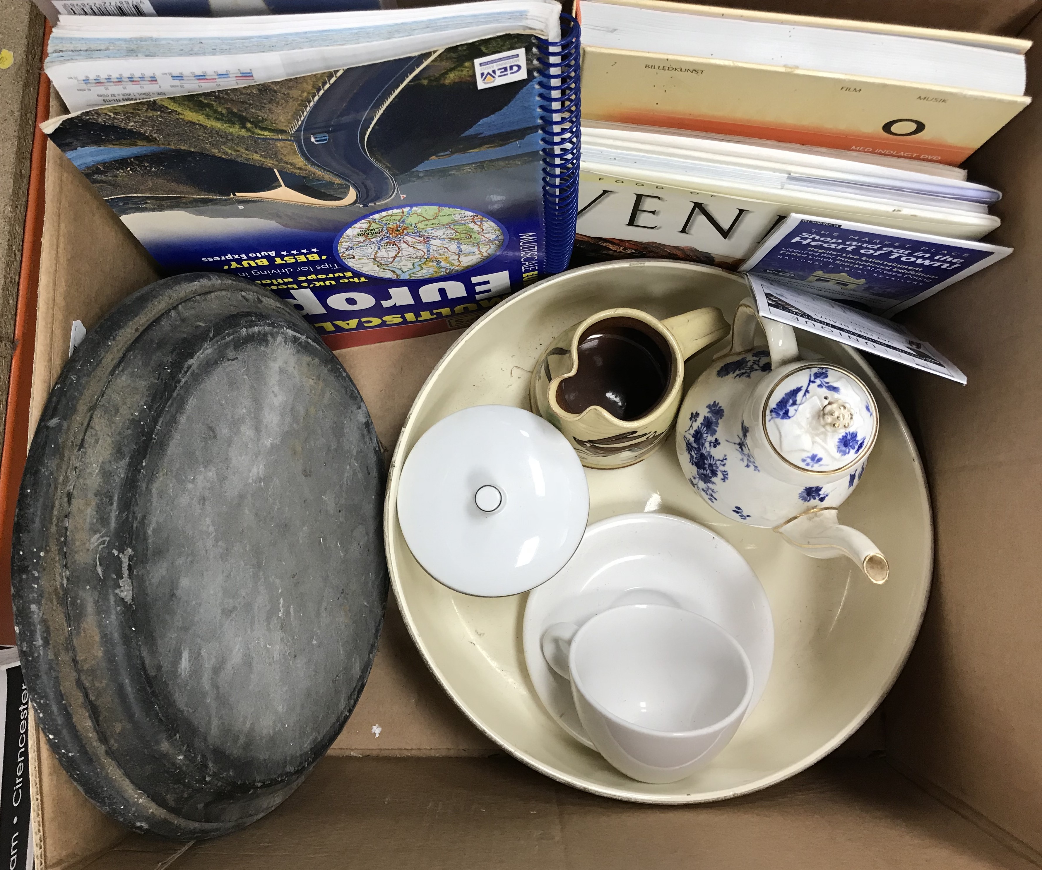 Four boxes of assorted sundry items to include various pewter wares, tankards etc, - Image 4 of 6