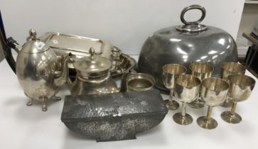 A box of various EPNS and plated wares to include tea pot and matching sugar bowl,
