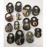 A collection of 14 various iron / brass padlocks, mainly 19th Century, various shapes and sizes,