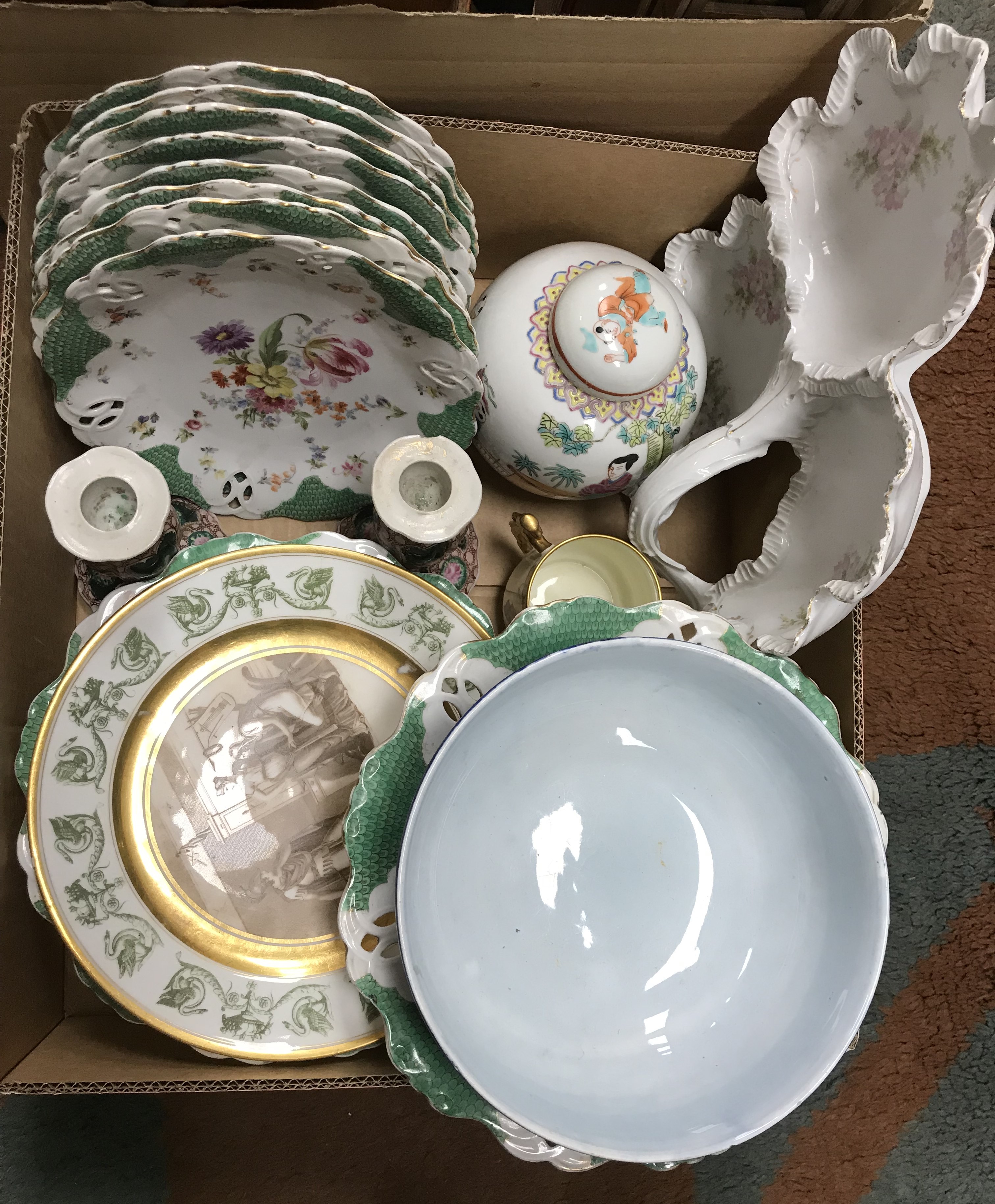 A box containing assorted china ware to include Continental floral decorated dessert service with - Image 2 of 3