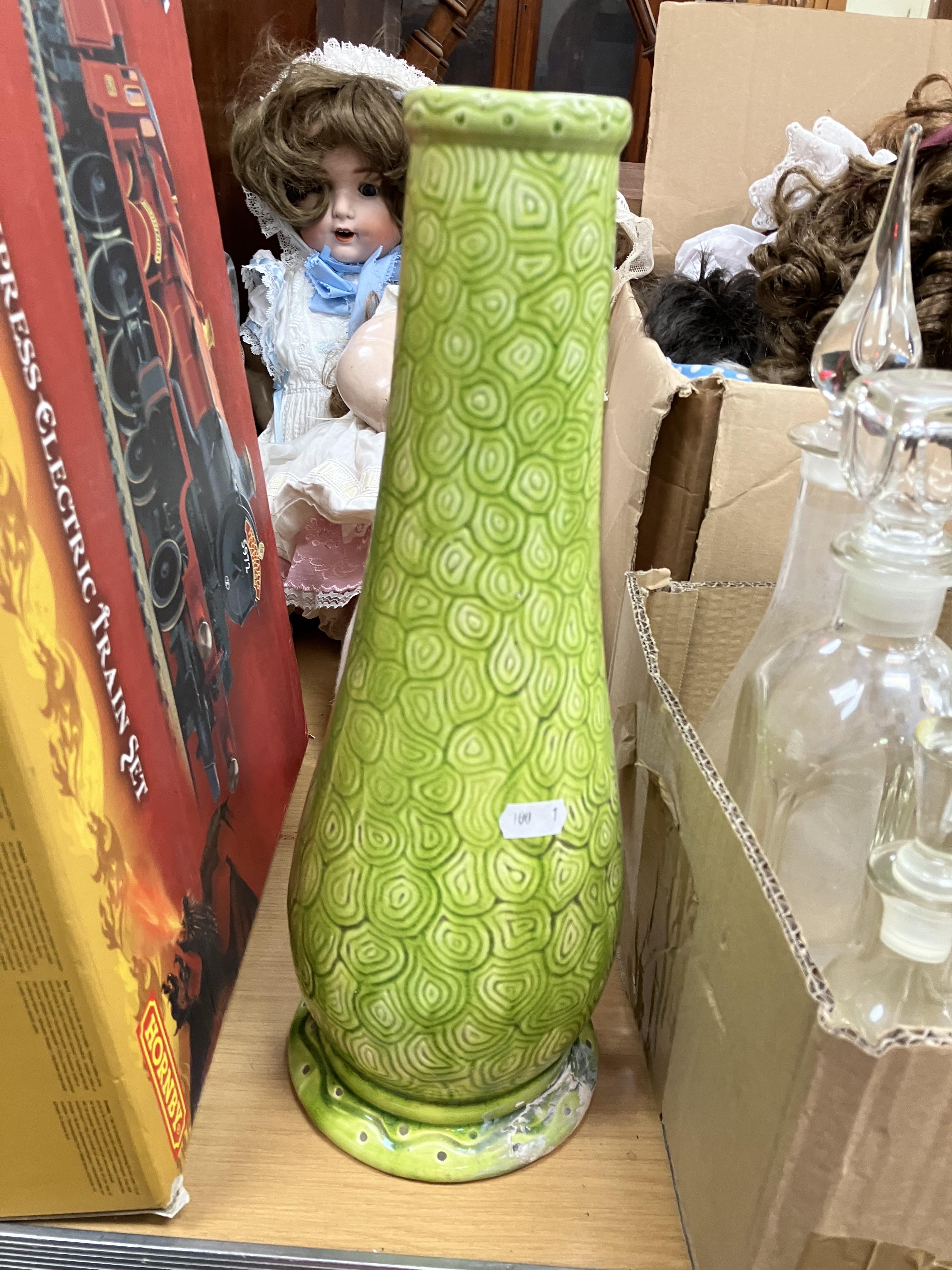 A Burmantofts faience green glazed incised baluster shaped vase on circular foot, stamped and No'd, - Image 15 of 20