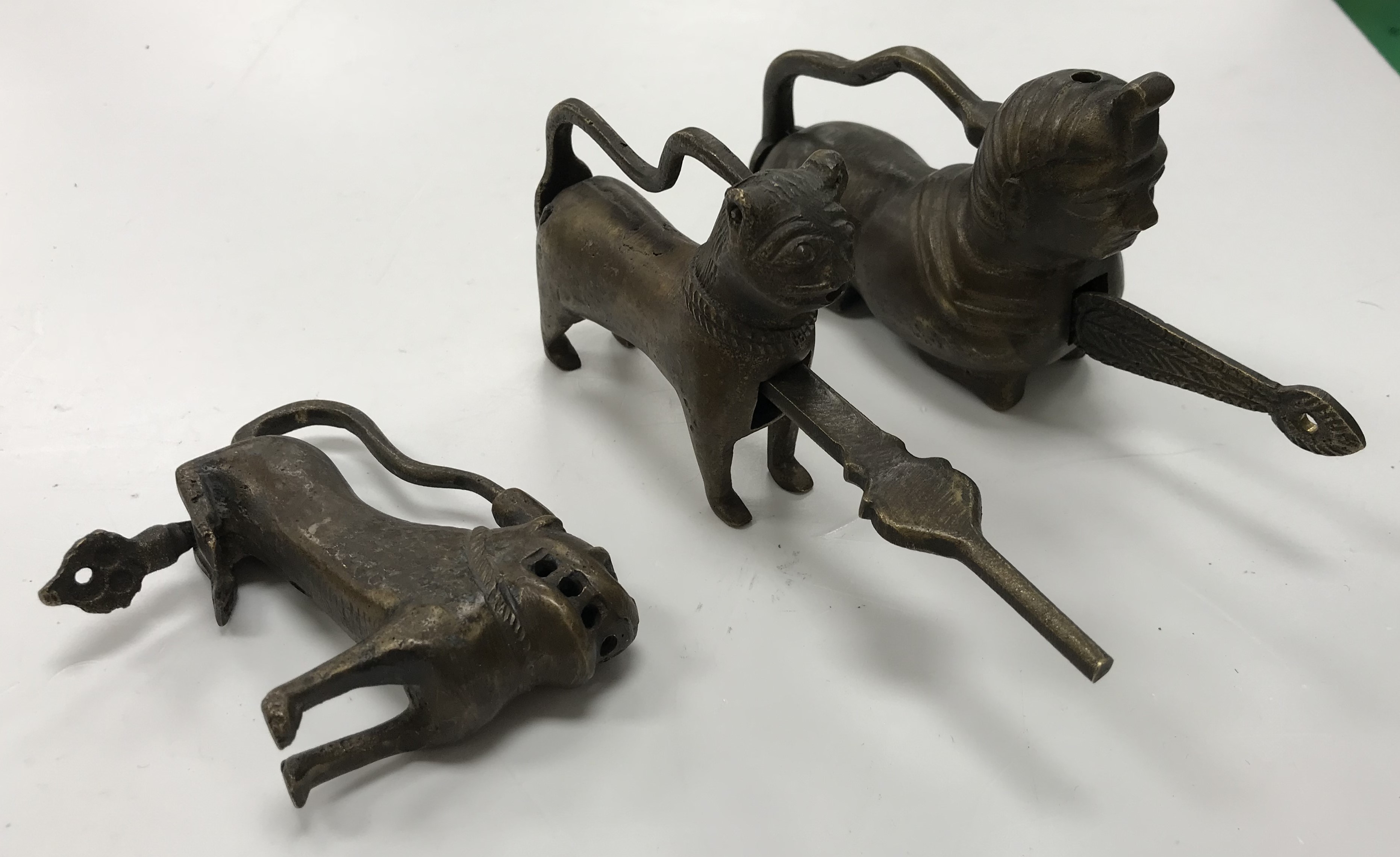 A brass lock or padlock of Sphinx form, 12 cm long, a brass lock of lion form, 10 cm long, - Image 2 of 2