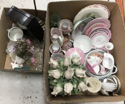 Two boxes of assorted china wares to include various pink decorated 19th Century and later china,